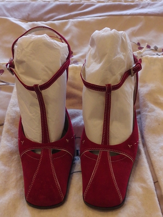 Prada Shoes - Women's Red T-Strap Suede Heels